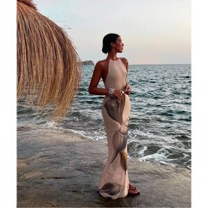 Zara‎ Shell Maxi Dress Small Halter Conch Shell Beige Tan Mesh Tulle Tulum